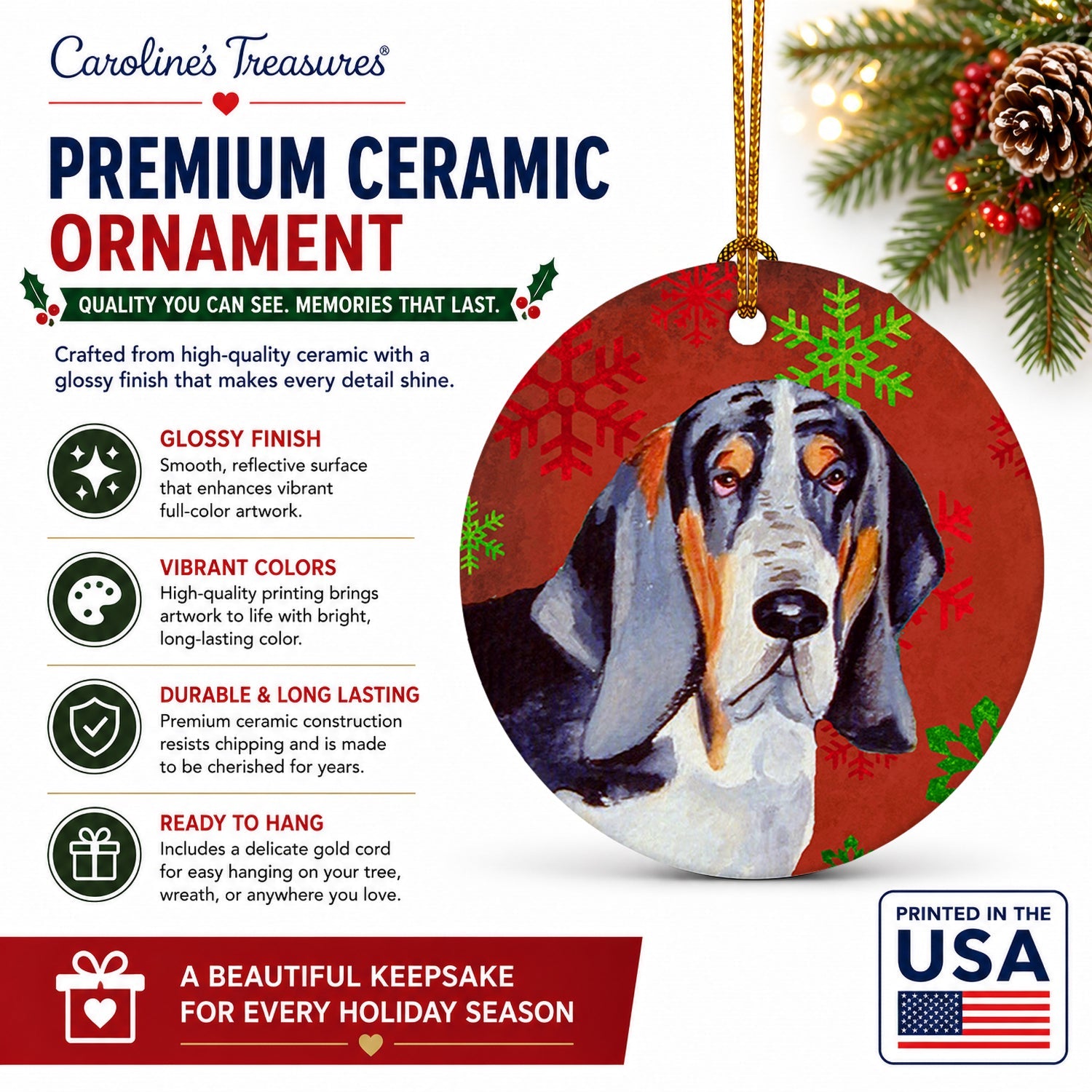 Basset Hound Red and Green Snowflakes Holiday Christmas Ceramic Ornament Christmas Tree Hanging Decorations for Home Christmas Holiday, Party, Gift, 3 in, Multicolor