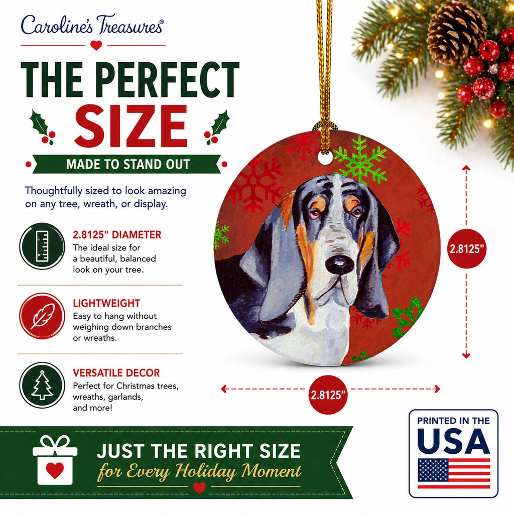 Basset Hound Red and Green Snowflakes Holiday Christmas Ceramic Ornament Christmas Tree Hanging Decorations for Home Christmas Holiday, Party, Gift, 3 in, Multicolor