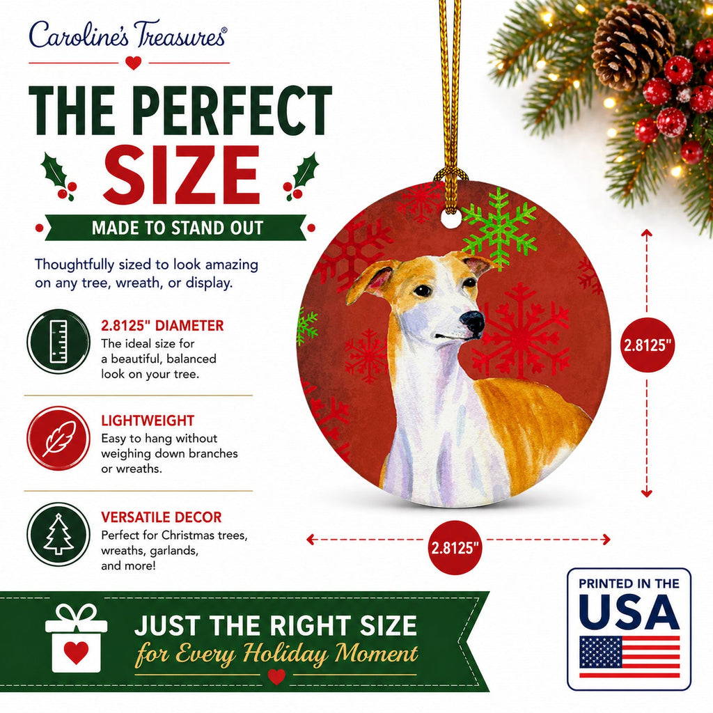 Whippet Red and Green Snowflakes Holiday Christmas Ceramic Ornament Christmas Tree Hanging Decorations for Home Christmas Holiday, Party, Gift, 3 in, Multicolor