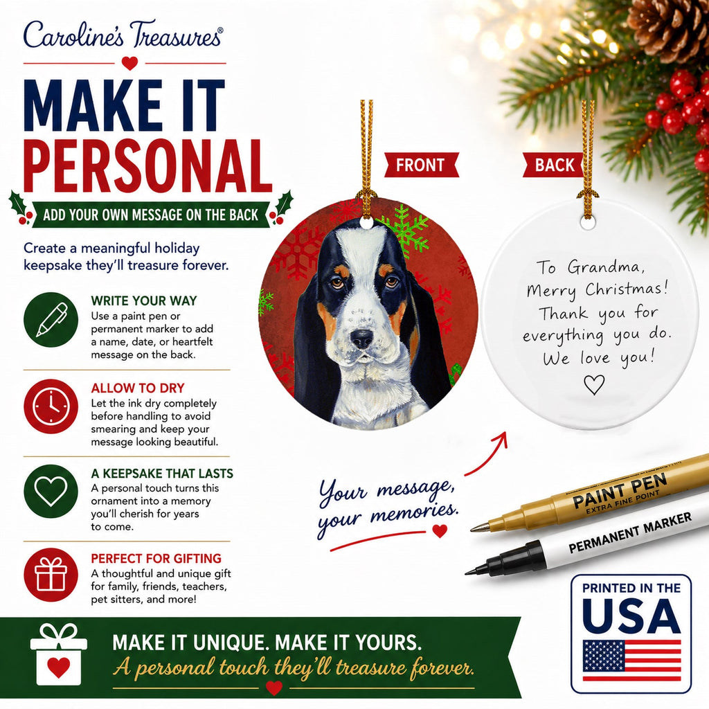 Basset Hound Red and Green Snowflakes Holiday Christmas Ceramic Ornament Christmas Tree Hanging Decorations for Home Christmas Holiday, Party, Gift, 3 in, Multicolor
