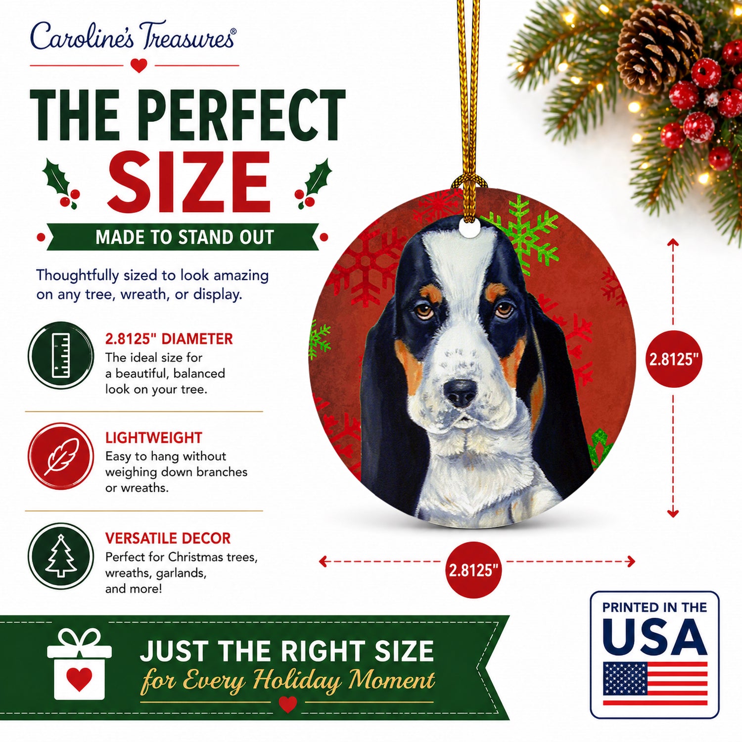 Basset Hound Red and Green Snowflakes Holiday Christmas Ceramic Ornament Christmas Tree Hanging Decorations for Home Christmas Holiday, Party, Gift, 3 in, Multicolor