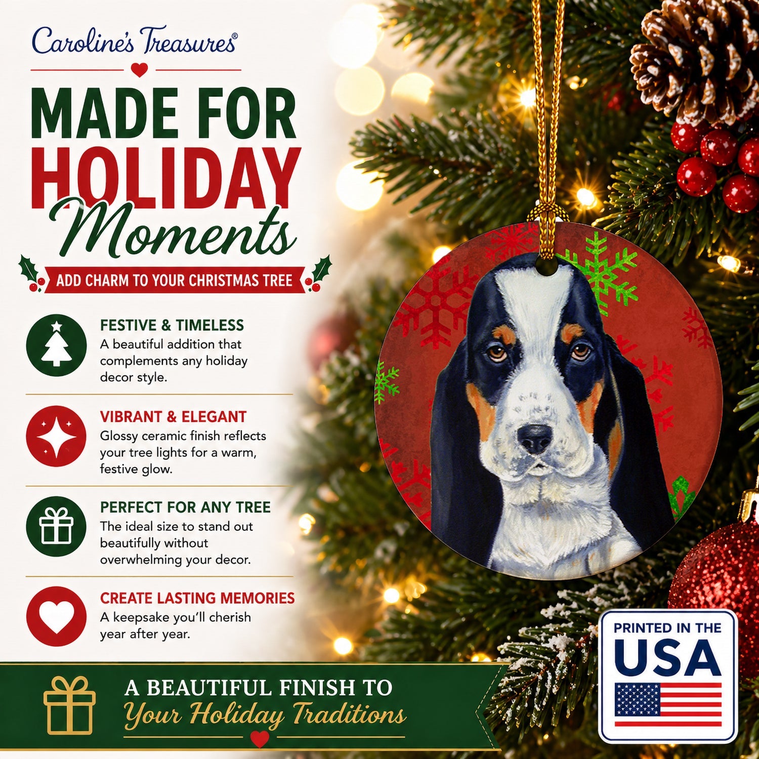 Basset Hound Red and Green Snowflakes Holiday Christmas Ceramic Ornament Christmas Tree Hanging Decorations for Home Christmas Holiday, Party, Gift, 3 in, Multicolor