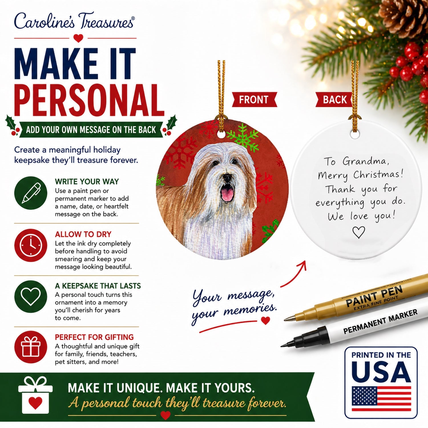 Bearded Collie Red and Green Snowflakes Holiday Christmas Ceramic Ornament Christmas Tree Hanging Decorations for Home Christmas Holiday, Party, Gift, 3 in, Multicolor