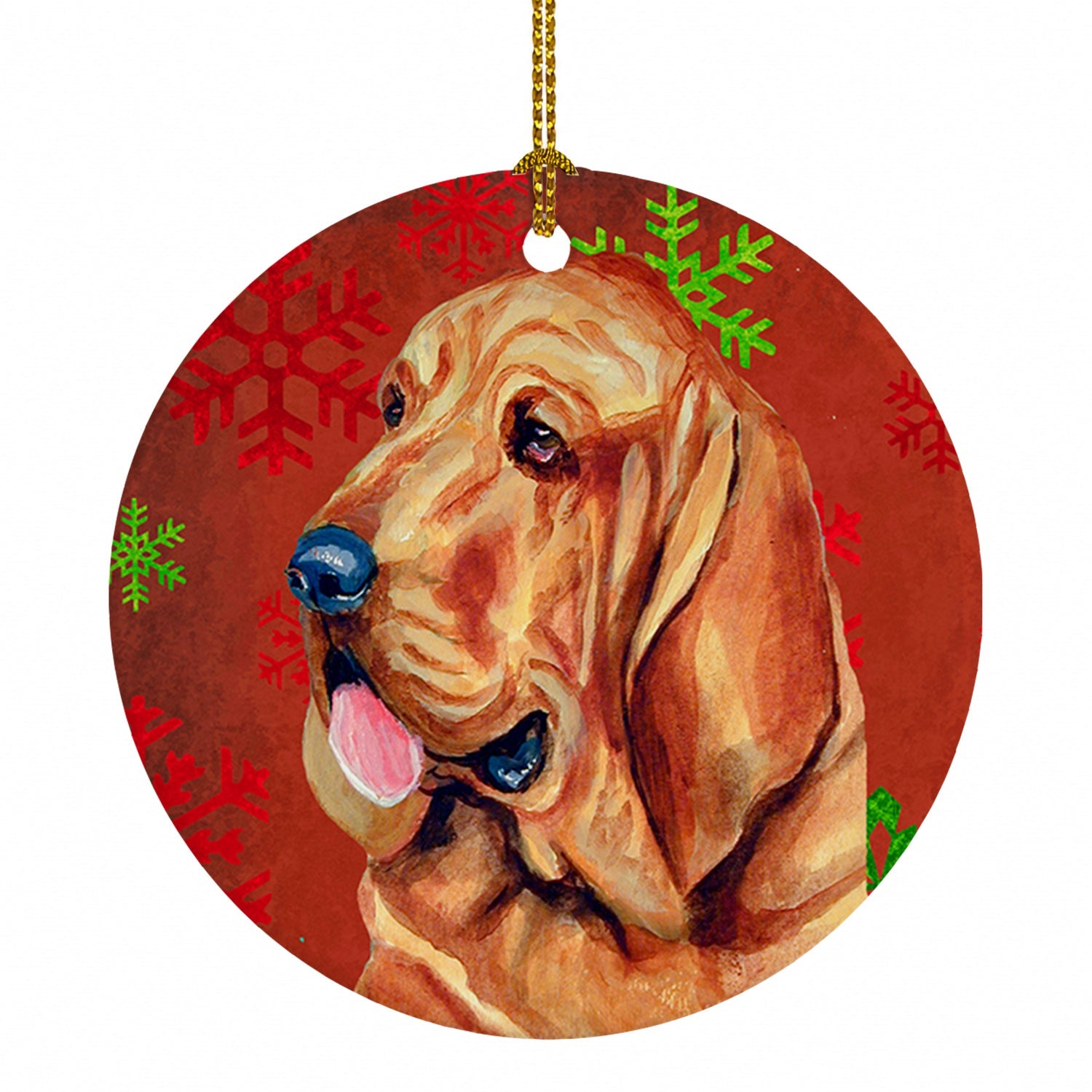 Bloodhound Red and Green Snowflakes Holiday Christmas Ceramic Ornament Christmas Tree Hanging Decorations for Home Christmas Holiday, Party, Gift, 3 in, Multicolor