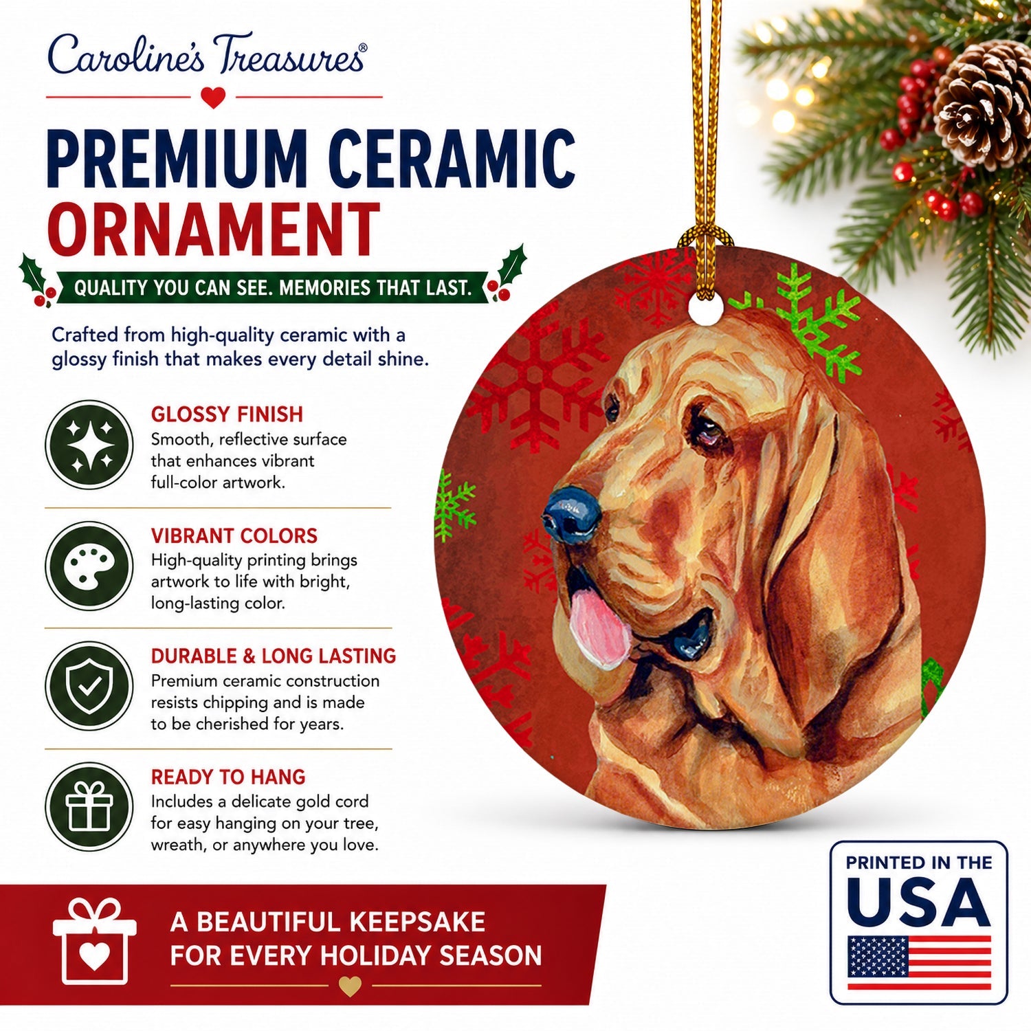 Bloodhound Red and Green Snowflakes Holiday Christmas Ceramic Ornament Christmas Tree Hanging Decorations for Home Christmas Holiday, Party, Gift, 3 in, Multicolor