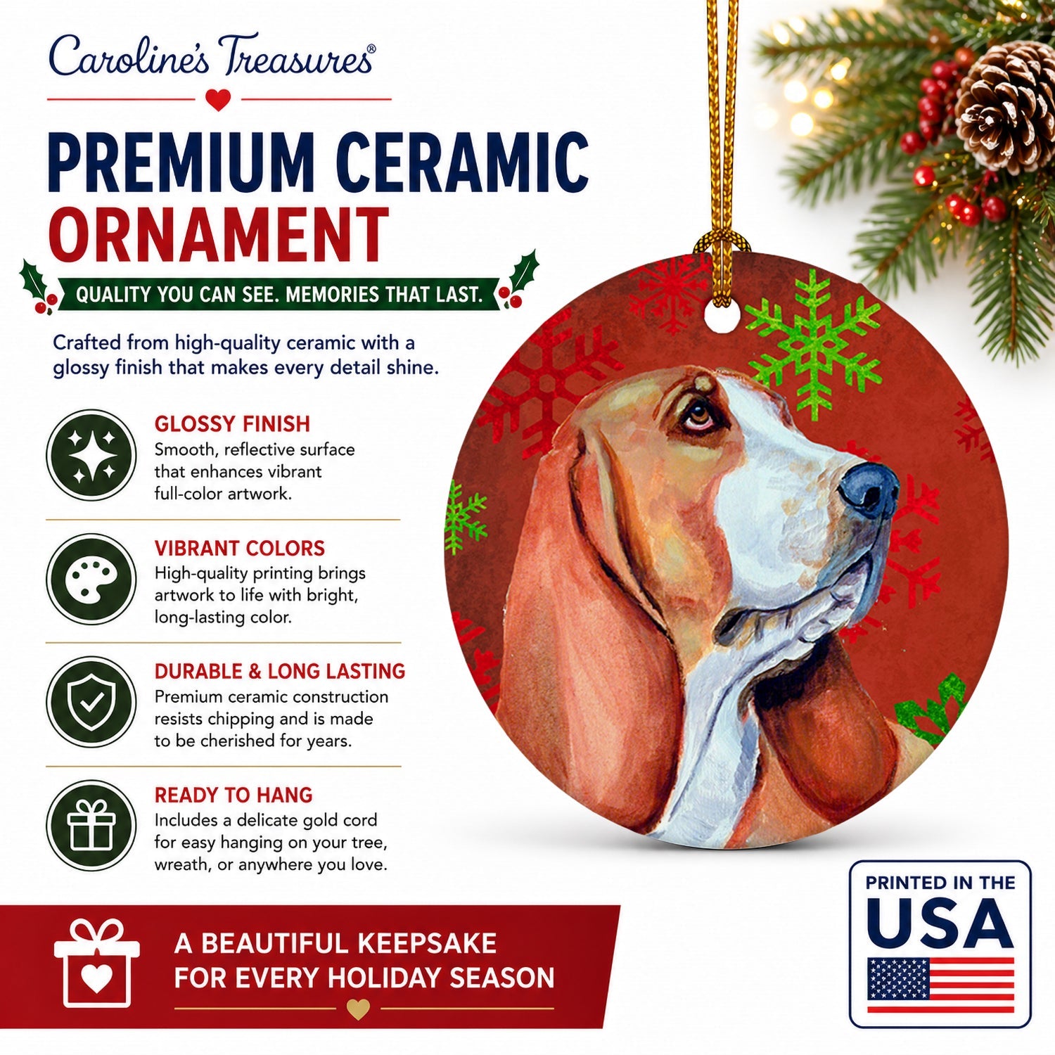 Basset Hound Red and Green Snowflakes Holiday Christmas Ceramic Ornament Christmas Tree Hanging Decorations for Home Christmas Holiday, Party, Gift, 3 in, Multicolor