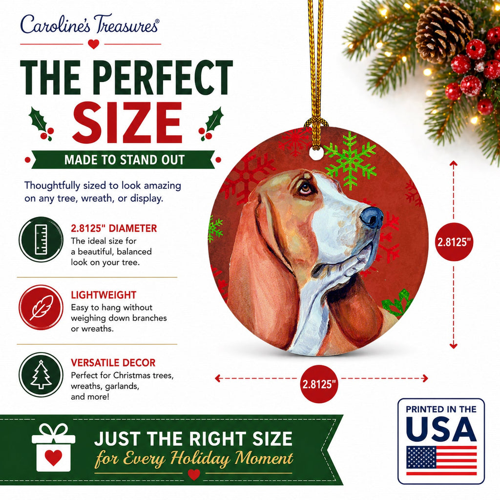 Basset Hound Red and Green Snowflakes Holiday Christmas Ceramic Ornament Christmas Tree Hanging Decorations for Home Christmas Holiday, Party, Gift, 3 in, Multicolor