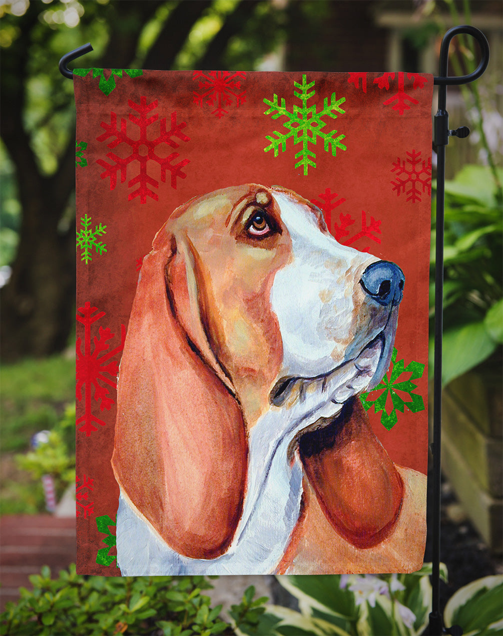 Basset Hound Red and Green Snowflakes Holiday Christmas Garden Flag Mailbox Decorative Yard Banner Outside Patio Artwork for Flower Beds, Garden Size, Multicolor
