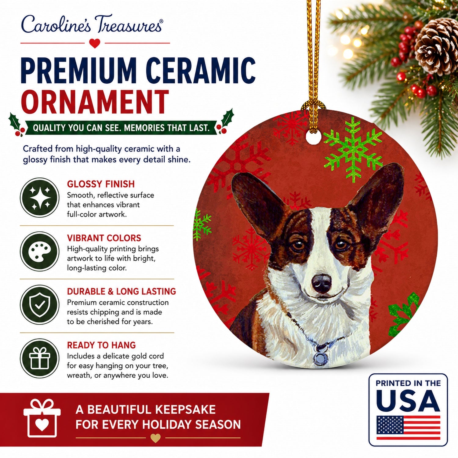 Corgi Red and Green Snowflakes Holiday Christmas Ceramic Ornament Christmas Tree Hanging Decorations for Home Christmas Holiday, Party, Gift, 3 in, Multicolor