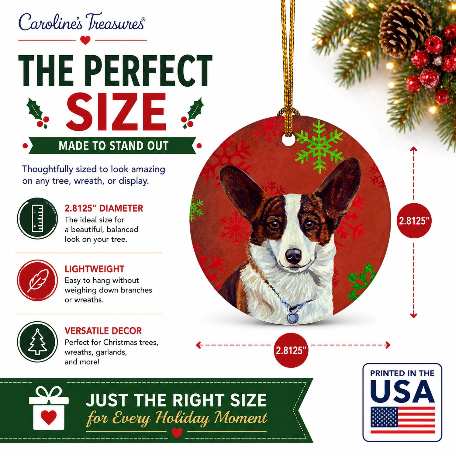 Corgi Red and Green Snowflakes Holiday Christmas Ceramic Ornament Christmas Tree Hanging Decorations for Home Christmas Holiday, Party, Gift, 3 in, Multicolor