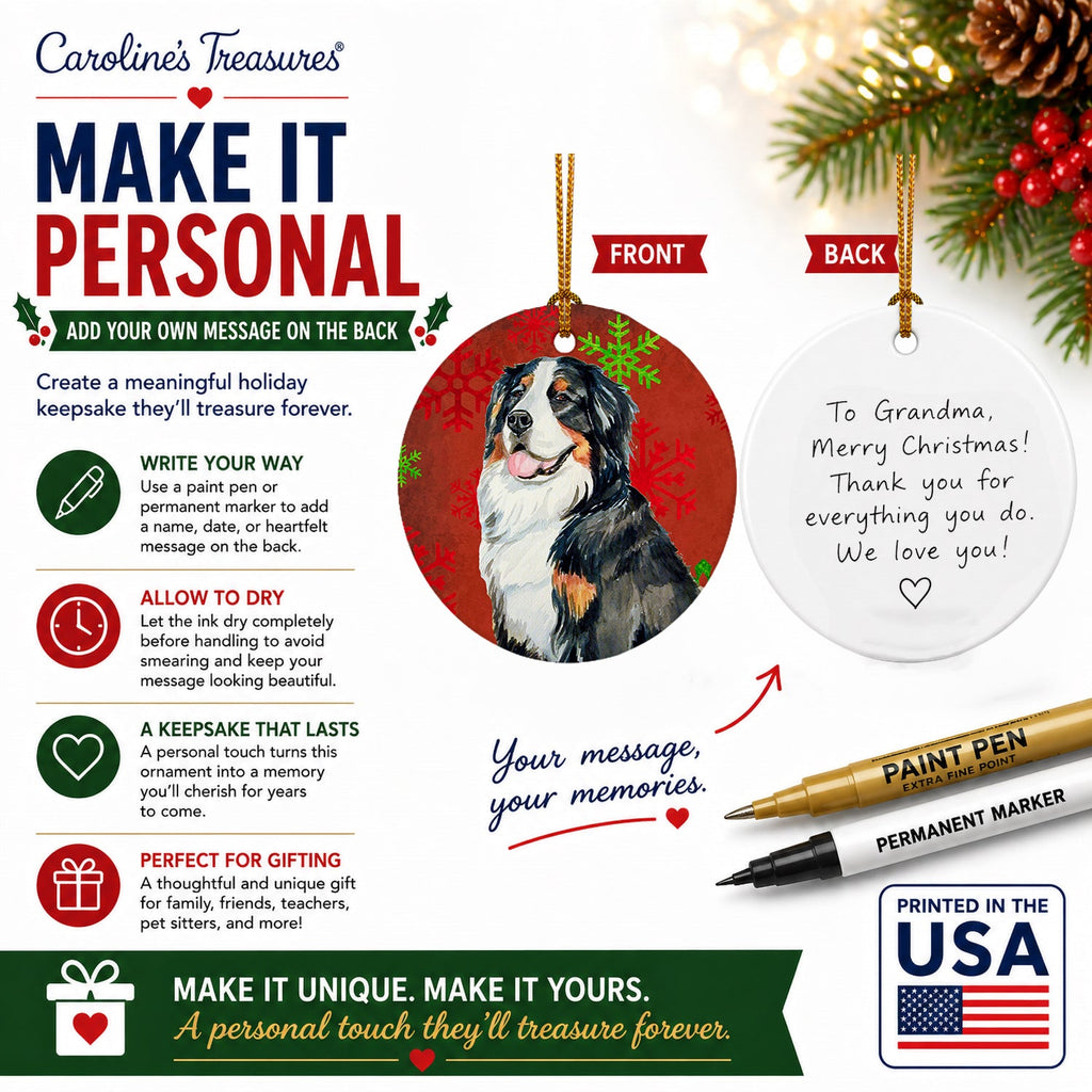 Bernese Mountain Dog Red  Green Snowflakes Holiday Christmas Ceramic Ornament Christmas Tree Hanging Decorations for Home Christmas Holiday, Party, Gift, 3 in, Multicolor