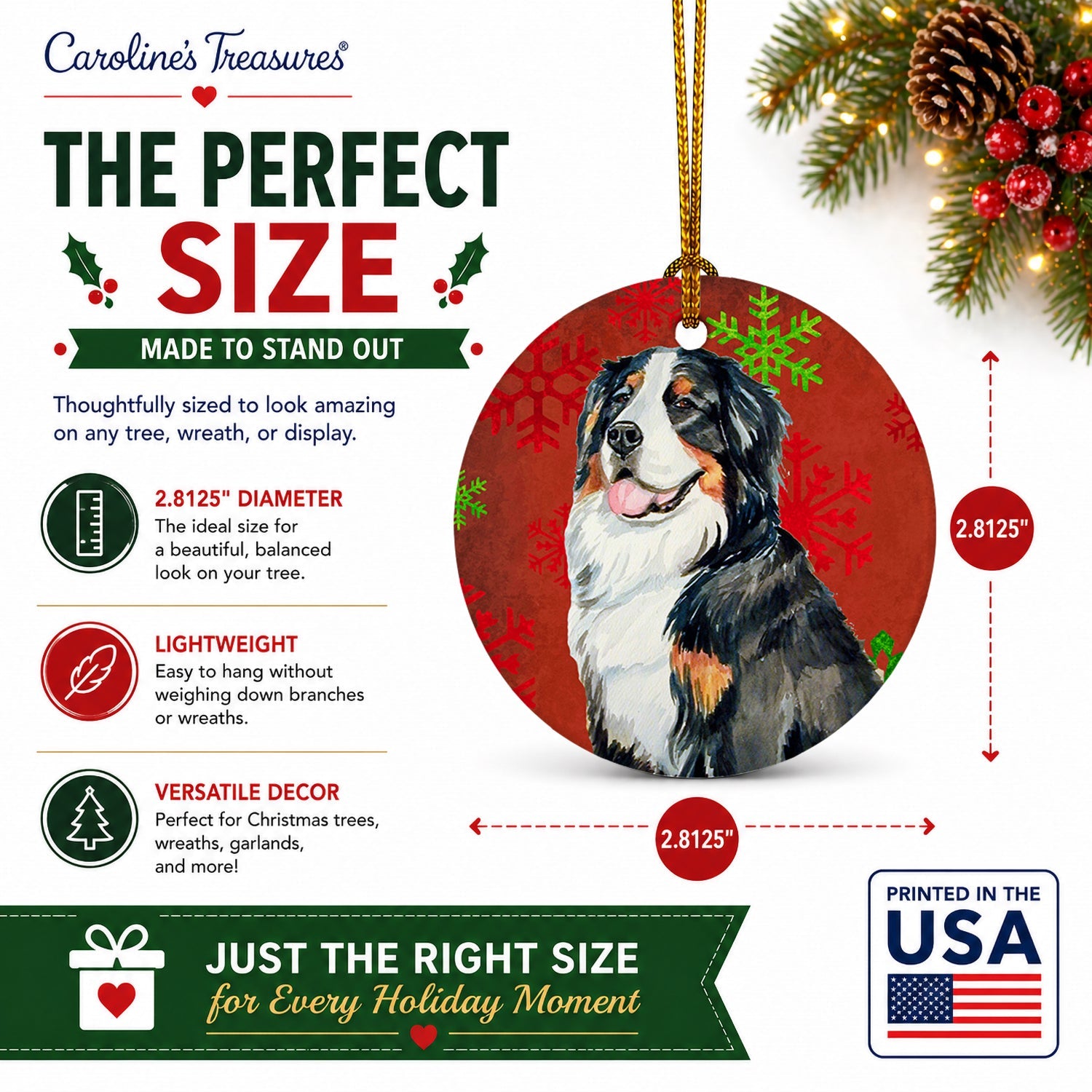 Bernese Mountain Dog Red  Green Snowflakes Holiday Christmas Ceramic Ornament Christmas Tree Hanging Decorations for Home Christmas Holiday, Party, Gift, 3 in, Multicolor