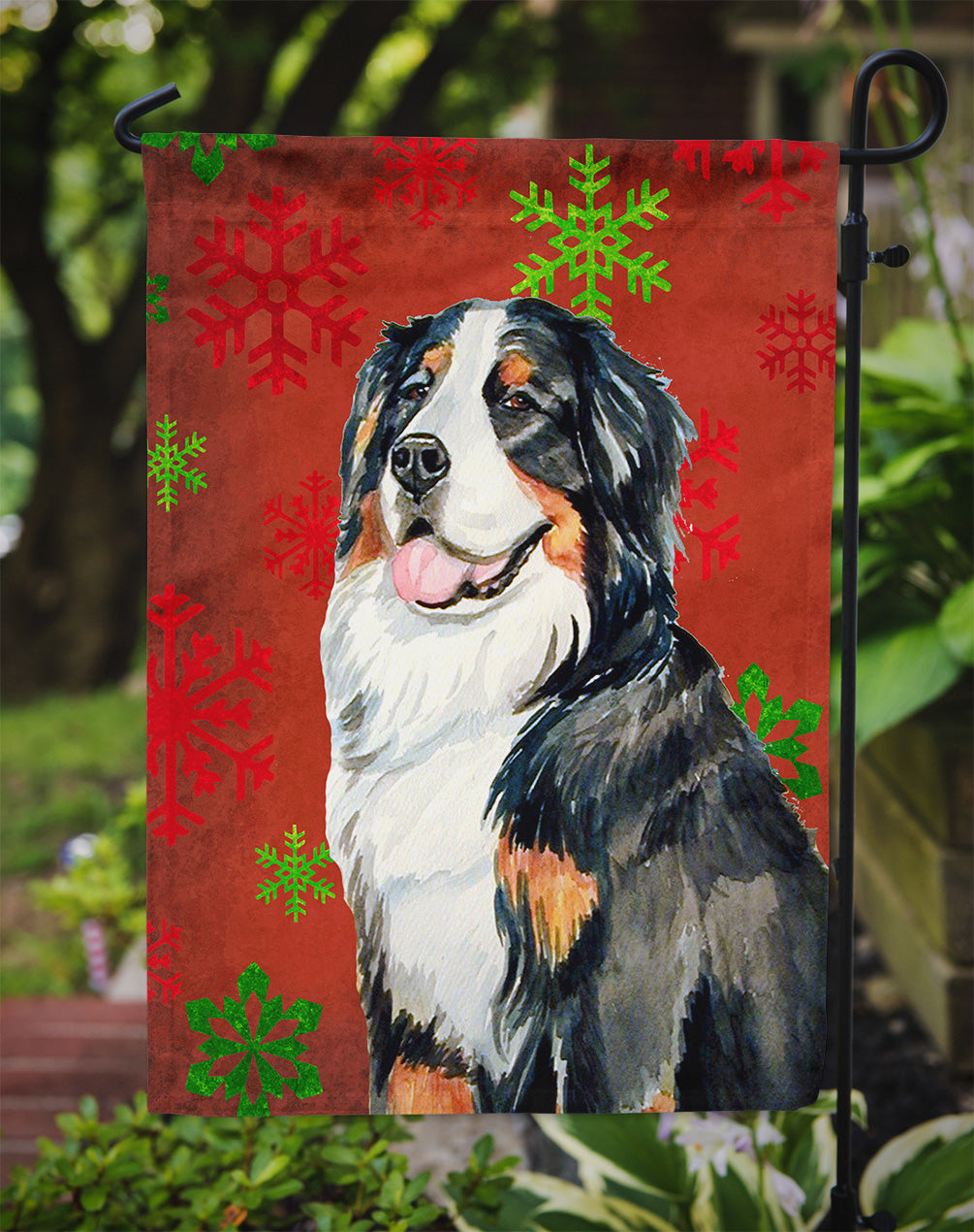 Bernese Mountain Dog Red  Green Snowflakes Holiday Christmas Garden Flag Mailbox Decorative Yard Banner Outside Patio Artwork for Flower Beds, Garden Size, Multicolor