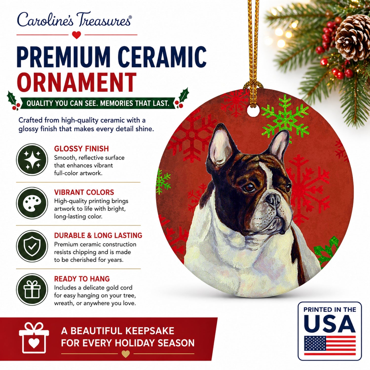 French Bulldog Red and Green Snowflakes Holiday Christmas Ceramic Ornament Christmas Tree Hanging Decorations for Home Christmas Holiday, Party, Gift, 3 in, Multicolor