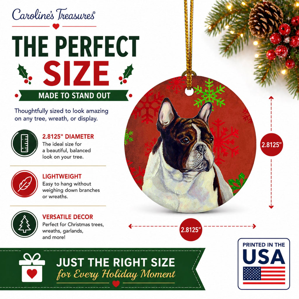 French Bulldog Red and Green Snowflakes Holiday Christmas Ceramic Ornament Christmas Tree Hanging Decorations for Home Christmas Holiday, Party, Gift, 3 in, Multicolor