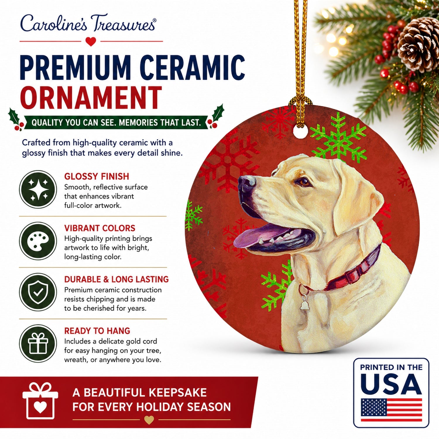 Labrador Red and Green Snowflakes Holiday Christmas Ceramic Ornament Christmas Tree Hanging Decorations for Home Christmas Holiday, Party, Gift, 3 in, Multicolor