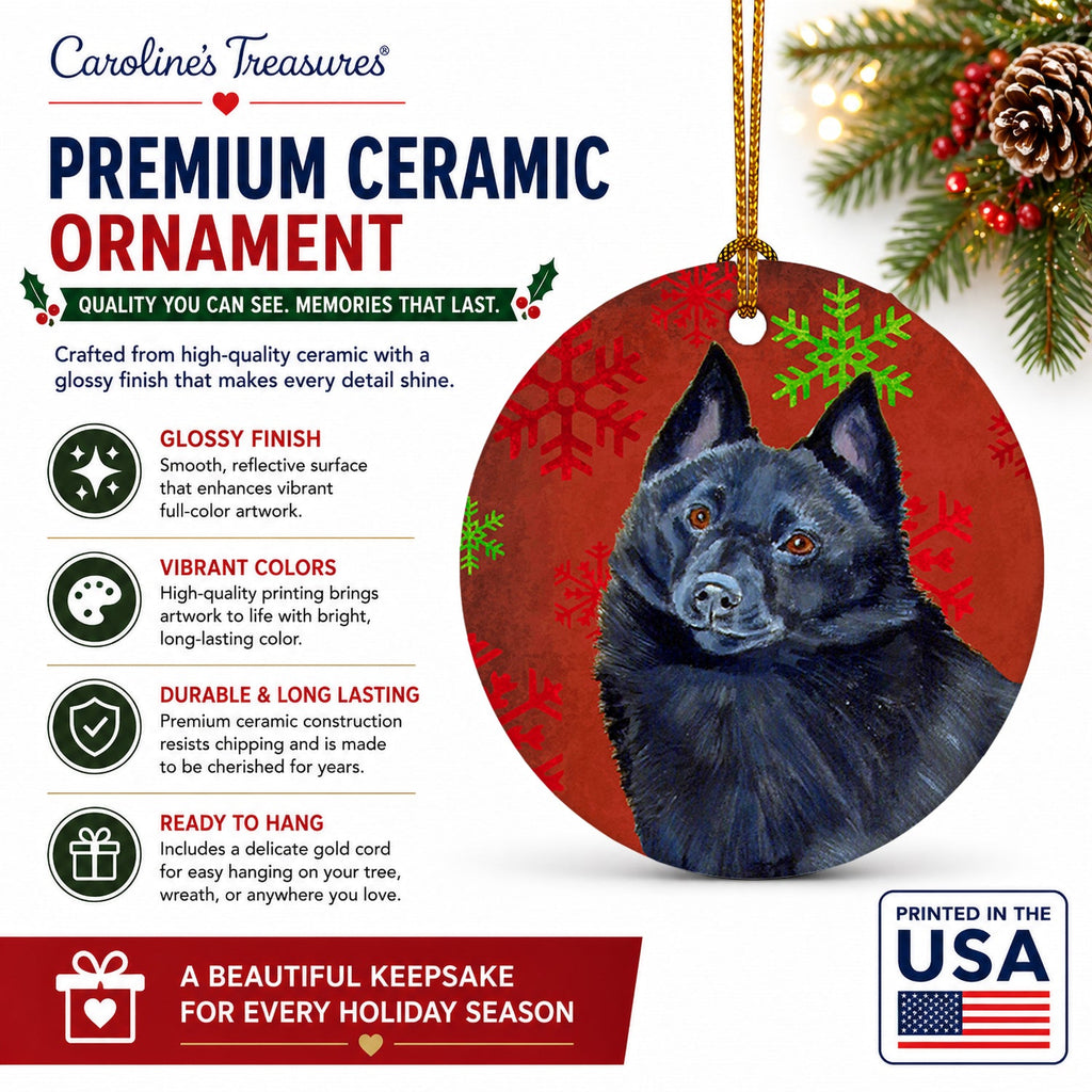Schipperke Red and Green Snowflakes Holiday Christmas Ceramic Ornament Christmas Tree Hanging Decorations for Home Christmas Holiday, Party, Gift, 3 in, Multicolor