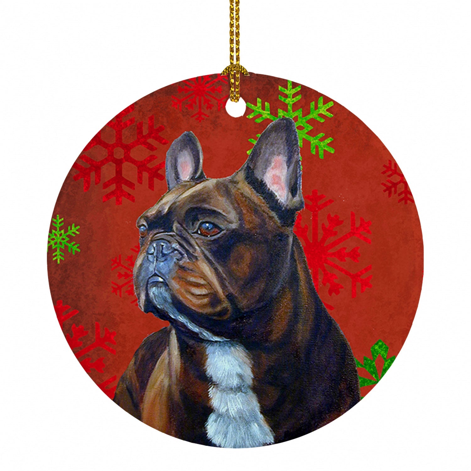 French Bulldog Red and Green Snowflakes Holiday Christmas Ceramic Ornament Christmas Tree Hanging Decorations for Home Christmas Holiday, Party, Gift, 3 in, Multicolor