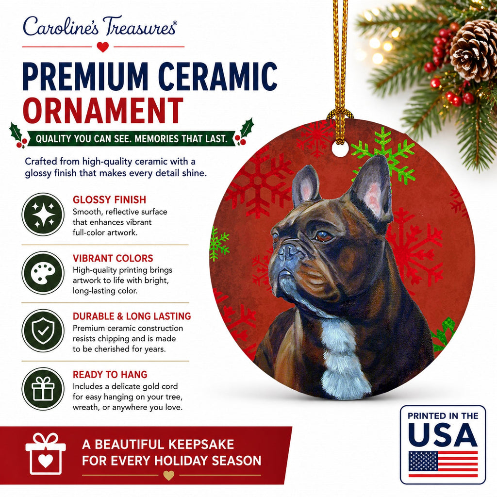 French Bulldog Red and Green Snowflakes Holiday Christmas Ceramic Ornament Christmas Tree Hanging Decorations for Home Christmas Holiday, Party, Gift, 3 in, Multicolor