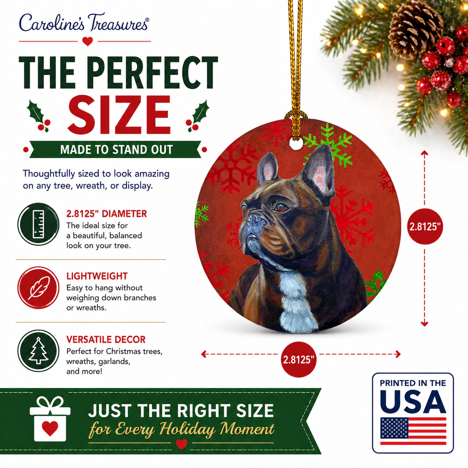 French Bulldog Red and Green Snowflakes Holiday Christmas Ceramic Ornament Christmas Tree Hanging Decorations for Home Christmas Holiday, Party, Gift, 3 in, Multicolor