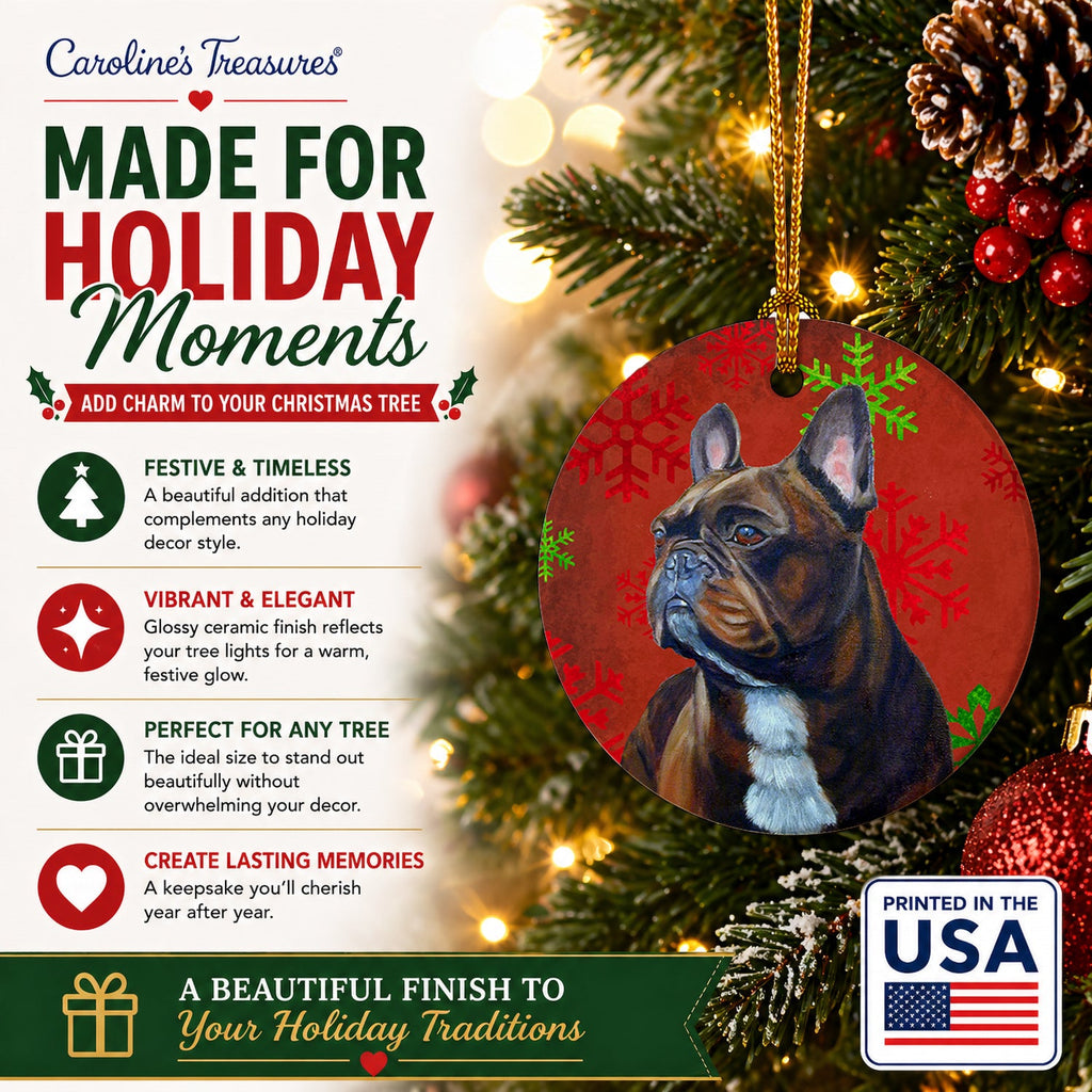 French Bulldog Red and Green Snowflakes Holiday Christmas Ceramic Ornament Christmas Tree Hanging Decorations for Home Christmas Holiday, Party, Gift, 3 in, Multicolor