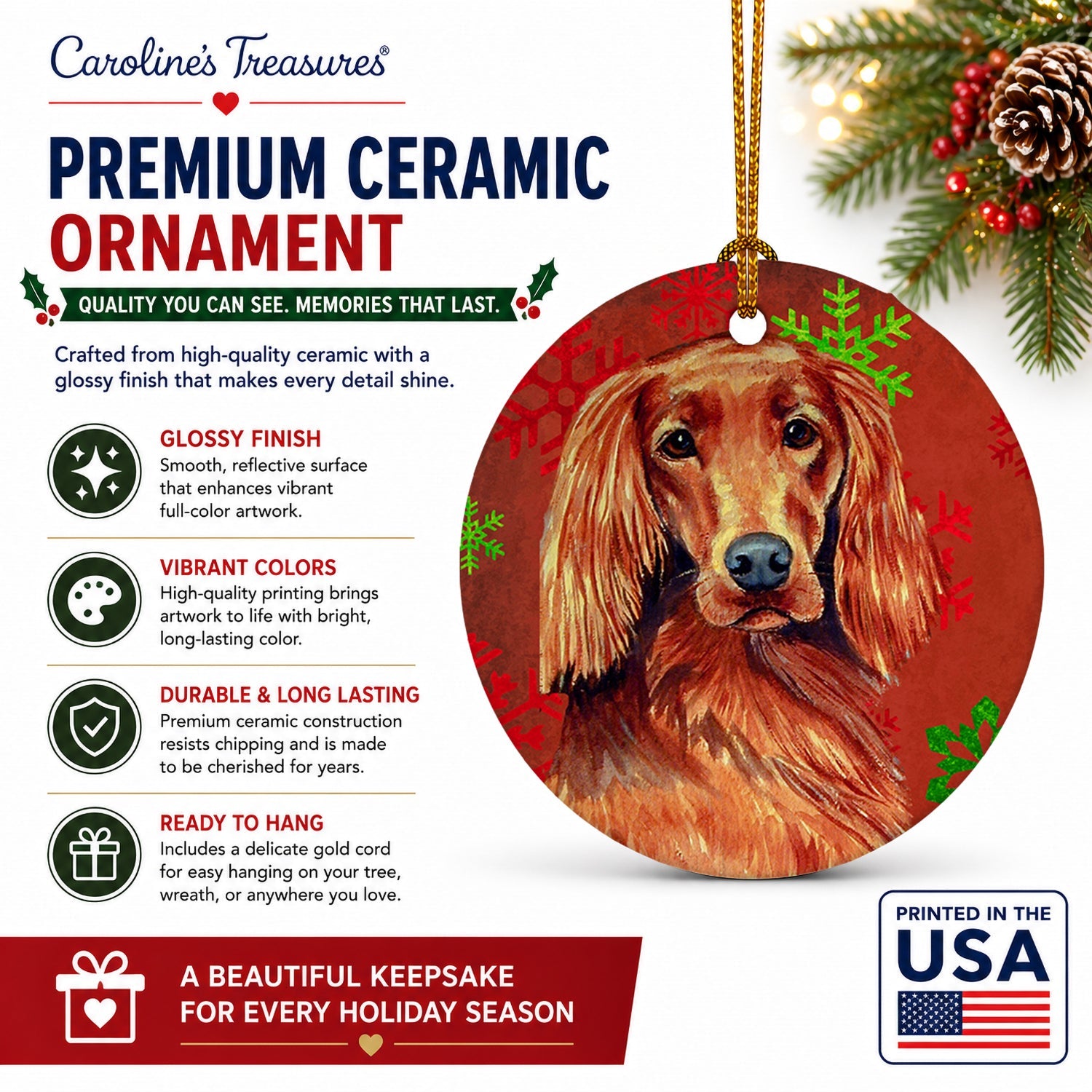 Irish Setter Red and Green Snowflakes Holiday Christmas Ceramic Ornament Christmas Tree Hanging Decorations for Home Christmas Holiday, Party, Gift, 3 in, Multicolor