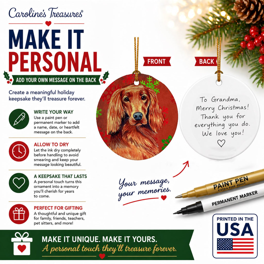 Irish Setter Red and Green Snowflakes Holiday Christmas Ceramic Ornament Christmas Tree Hanging Decorations for Home Christmas Holiday, Party, Gift, 3 in, Multicolor