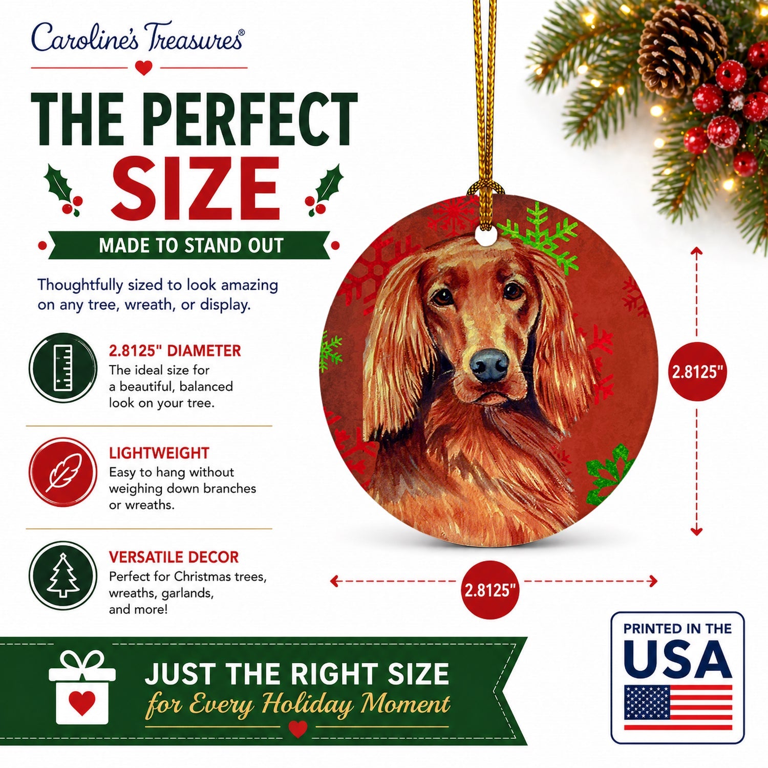 Irish Setter Red and Green Snowflakes Holiday Christmas Ceramic Ornament Christmas Tree Hanging Decorations for Home Christmas Holiday, Party, Gift, 3 in, Multicolor