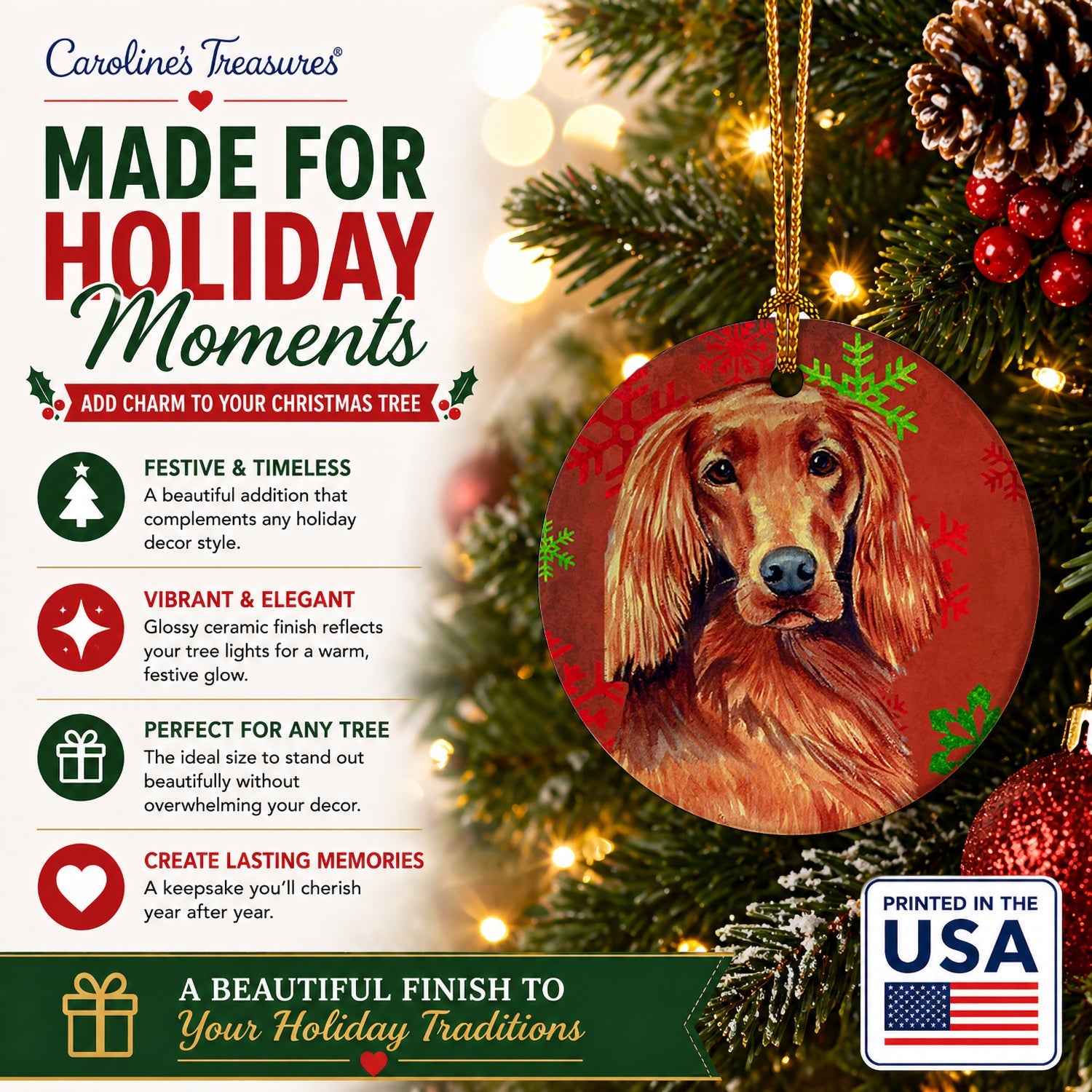 Irish Setter Red and Green Snowflakes Holiday Christmas Ceramic Ornament Christmas Tree Hanging Decorations for Home Christmas Holiday, Party, Gift, 3 in, Multicolor