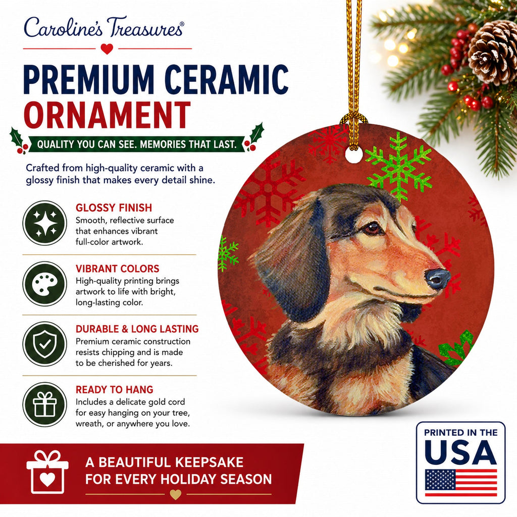 Dachshund Red and Green Snowflakes Holiday Christmas Ceramic Ornament Christmas Tree Hanging Decorations for Home Christmas Holiday, Party, Gift, 3 in, Multicolor