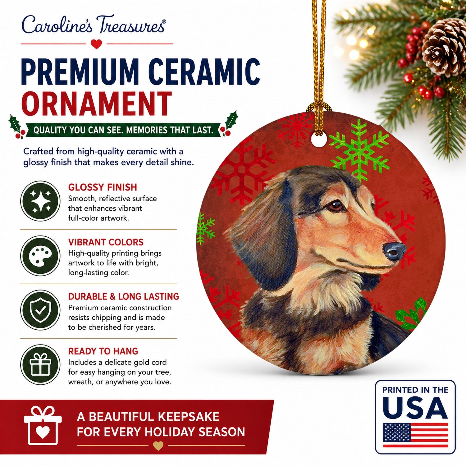 Dachshund Red and Green Snowflakes Holiday Christmas Ceramic Ornament Christmas Tree Hanging Decorations for Home Christmas Holiday, Party, Gift, 3 in, Multicolor