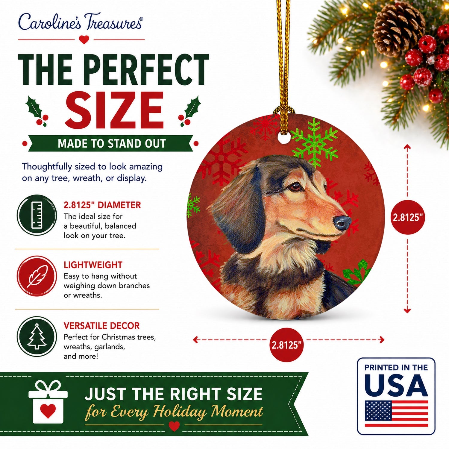 Dachshund Red and Green Snowflakes Holiday Christmas Ceramic Ornament Christmas Tree Hanging Decorations for Home Christmas Holiday, Party, Gift, 3 in, Multicolor