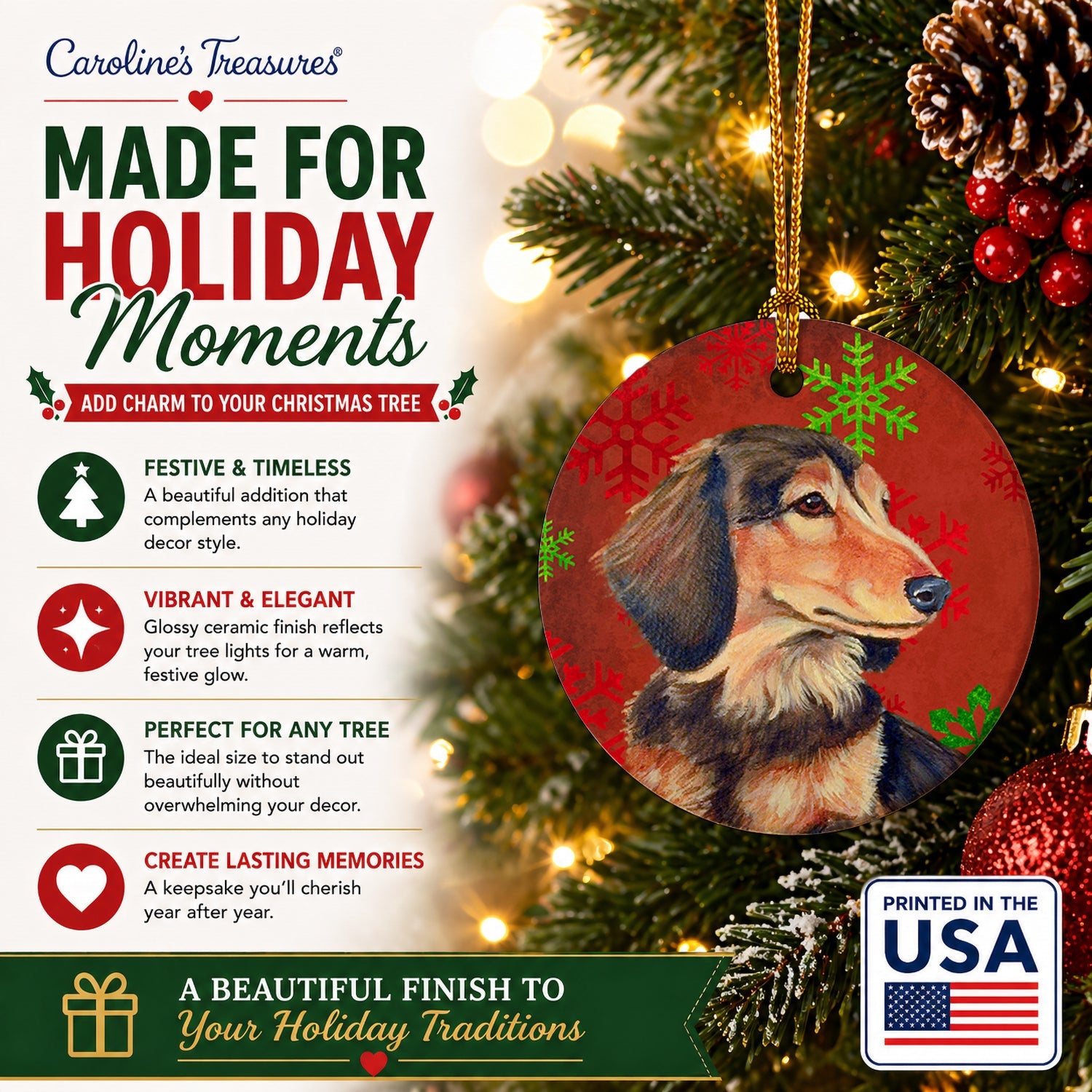 Dachshund Red and Green Snowflakes Holiday Christmas Ceramic Ornament Christmas Tree Hanging Decorations for Home Christmas Holiday, Party, Gift, 3 in, Multicolor