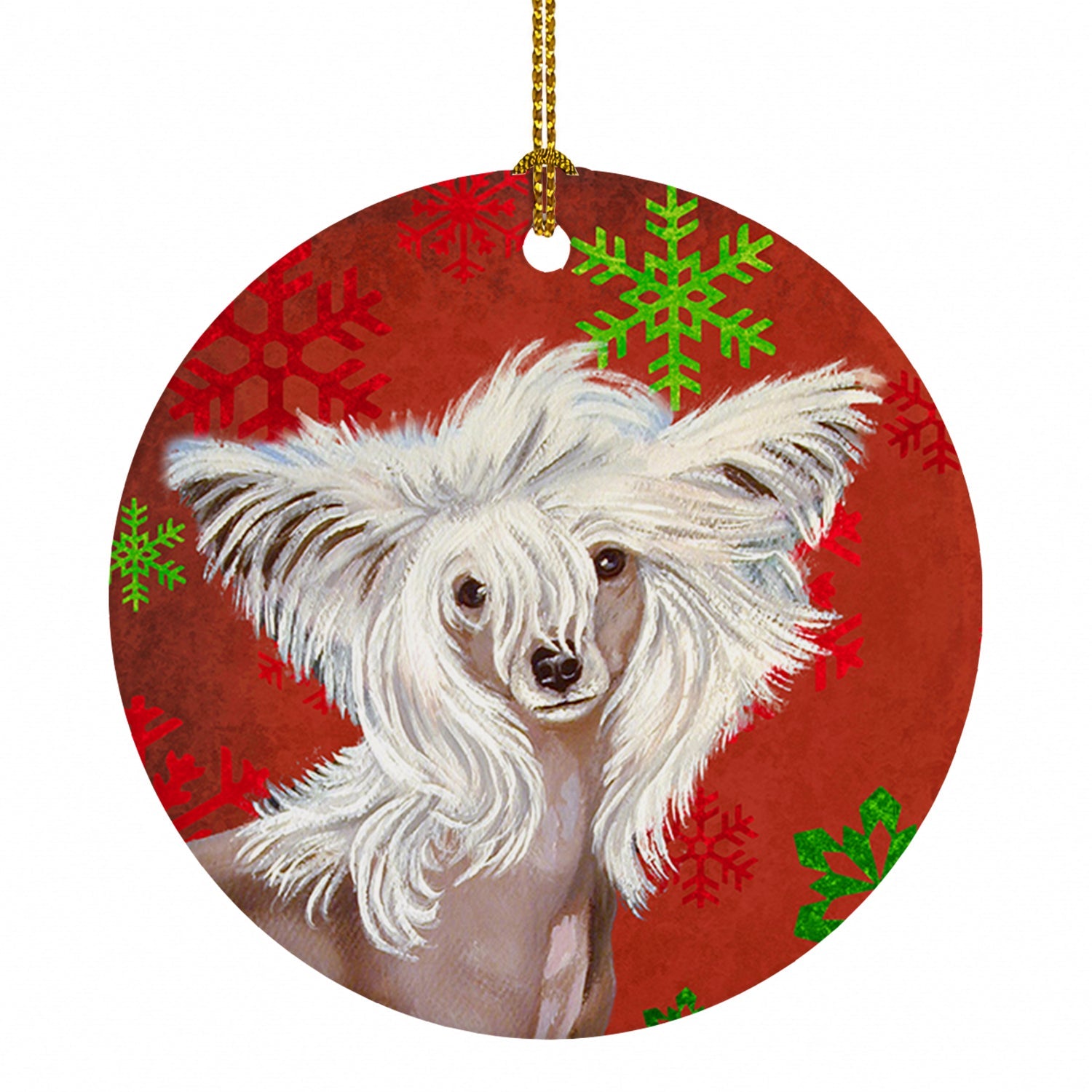 Chinese Crested Red and Green Snowflakes Holiday Christmas Ceramic Ornament Christmas Tree Hanging Decorations for Home Christmas Holiday, Party, Gift, 3 in, Multicolor