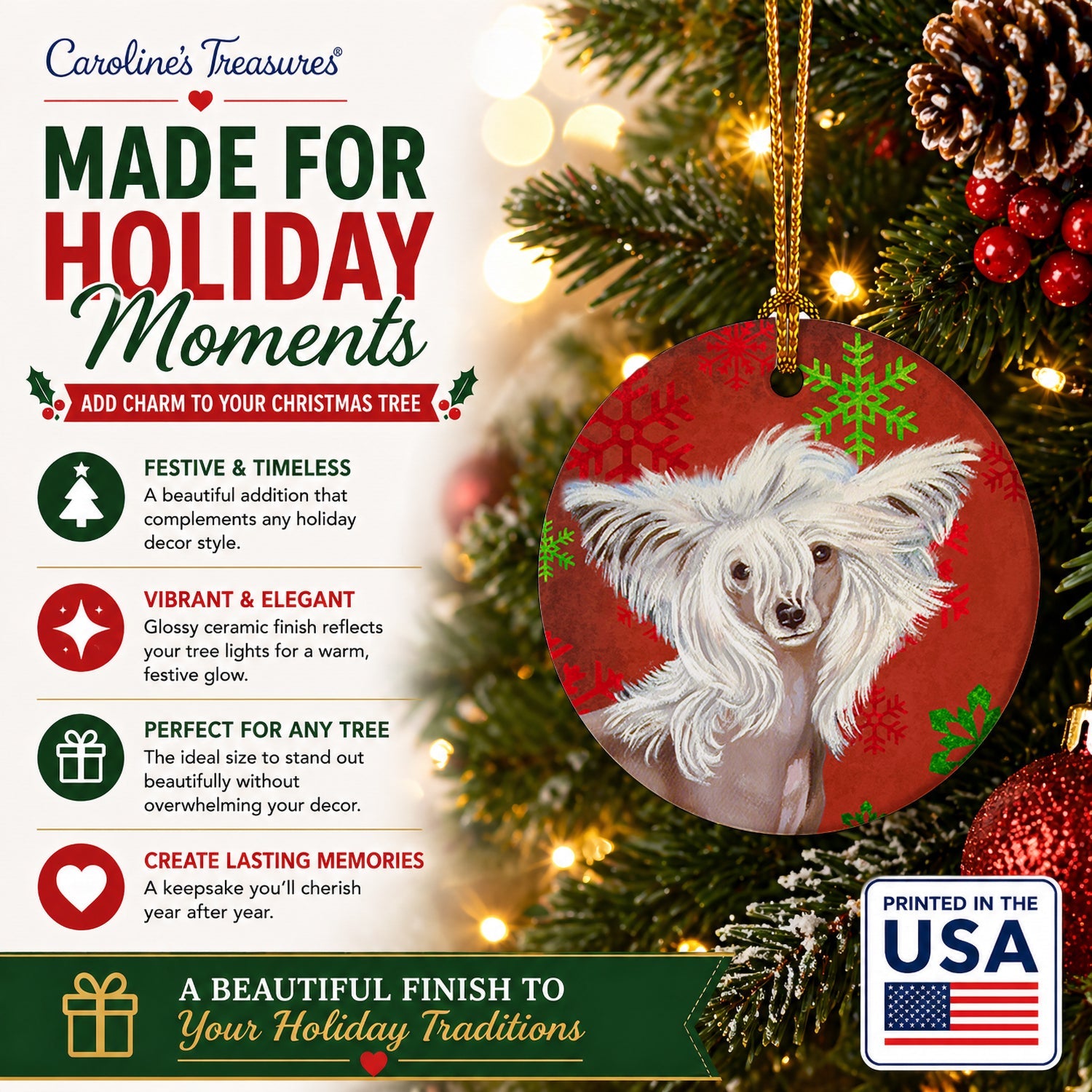 Chinese Crested Red and Green Snowflakes Holiday Christmas Ceramic Ornament Christmas Tree Hanging Decorations for Home Christmas Holiday, Party, Gift, 3 in, Multicolor