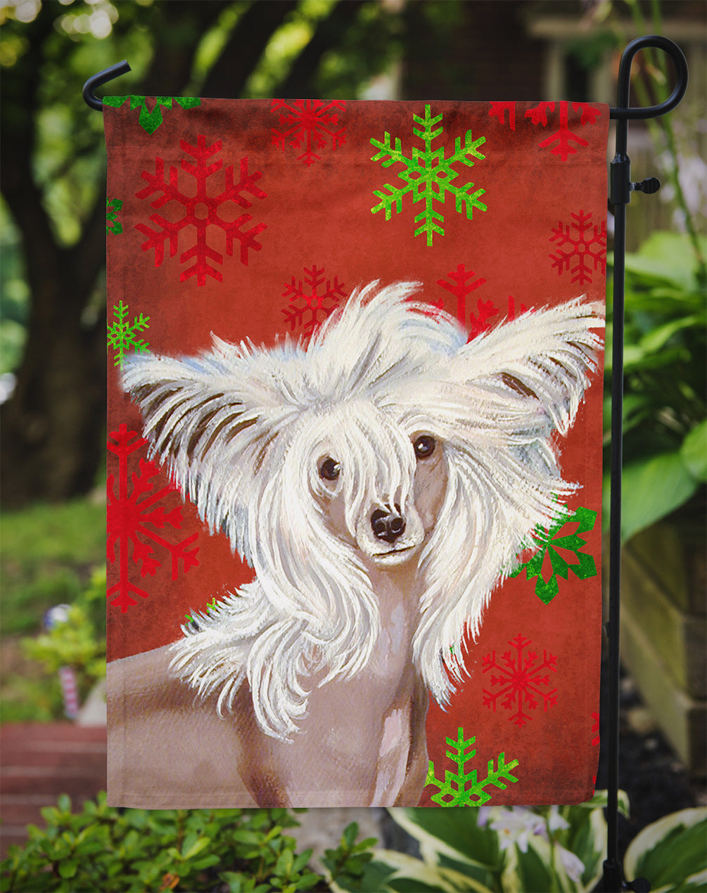 Chinese Crested Red and Green Snowflakes Holiday Christmas Garden Flag Mailbox Decorative Yard Banner Outside Patio Artwork for Flower Beds, Garden Size, Multicolor