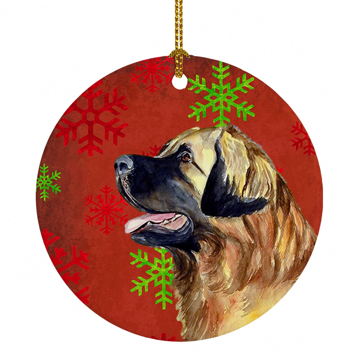 Leonberger Red and Green Snowflakes Holiday Christmas Ceramic Ornament Christmas Tree Hanging Decorations for Home Christmas Holiday, Party, Gift, 3 in, Multicolor