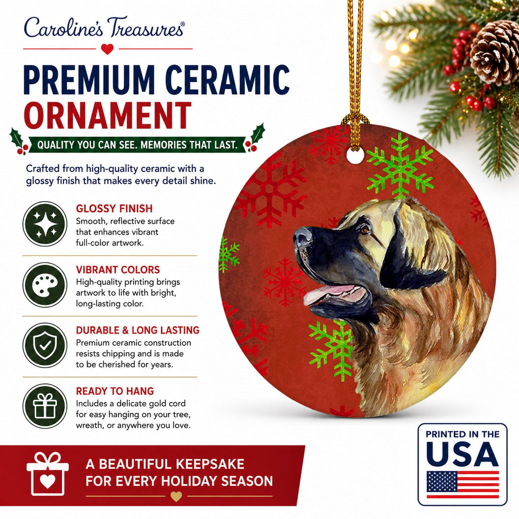 Leonberger Red and Green Snowflakes Holiday Christmas Ceramic Ornament Christmas Tree Hanging Decorations for Home Christmas Holiday, Party, Gift, 3 in, Multicolor