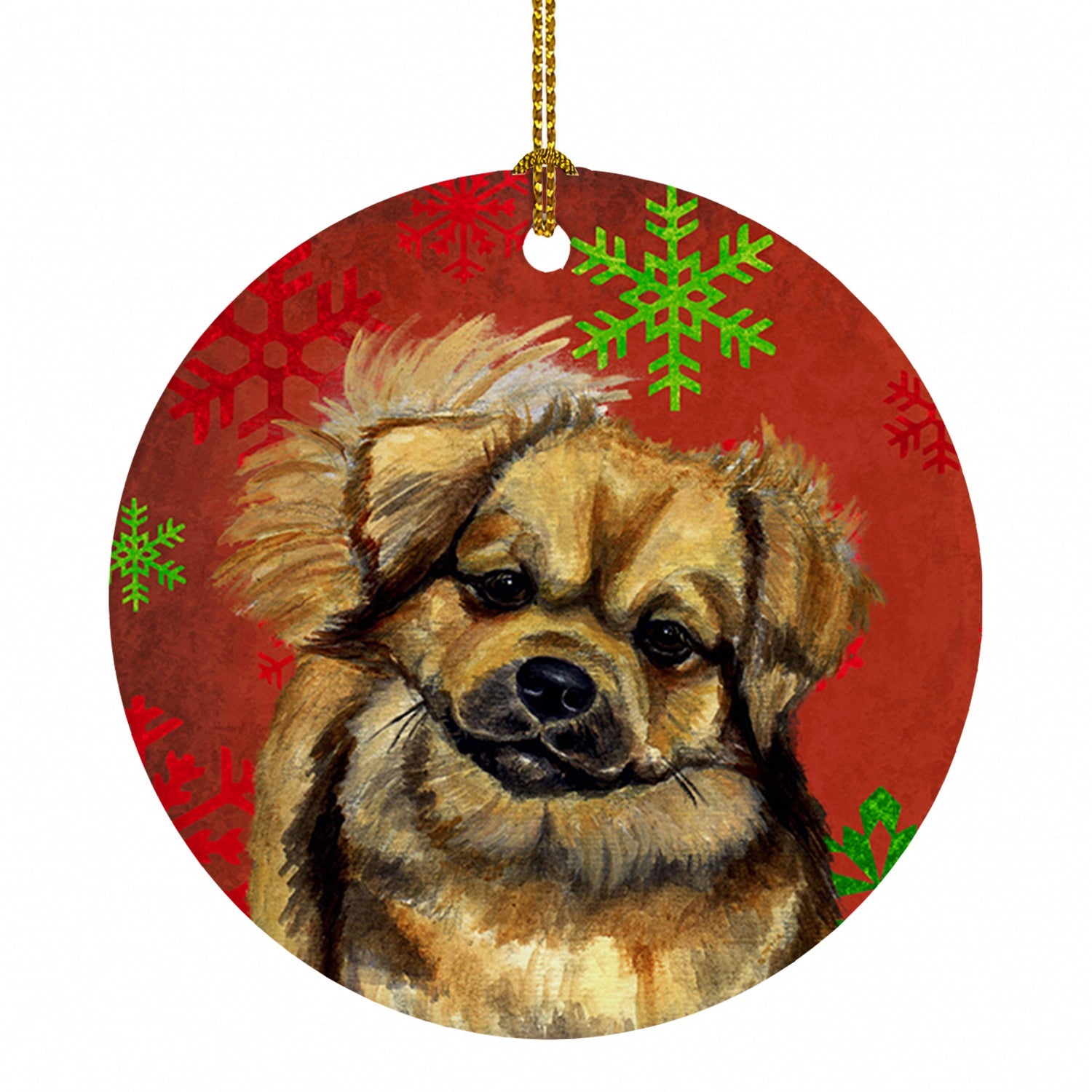 Tibetan Spaniel Red Green Snowflake Holiday Christmas Ceramic Ornament Christmas Tree Hanging Decorations for Home Christmas Holiday, Party, Gift, 3 in, Multicolor
