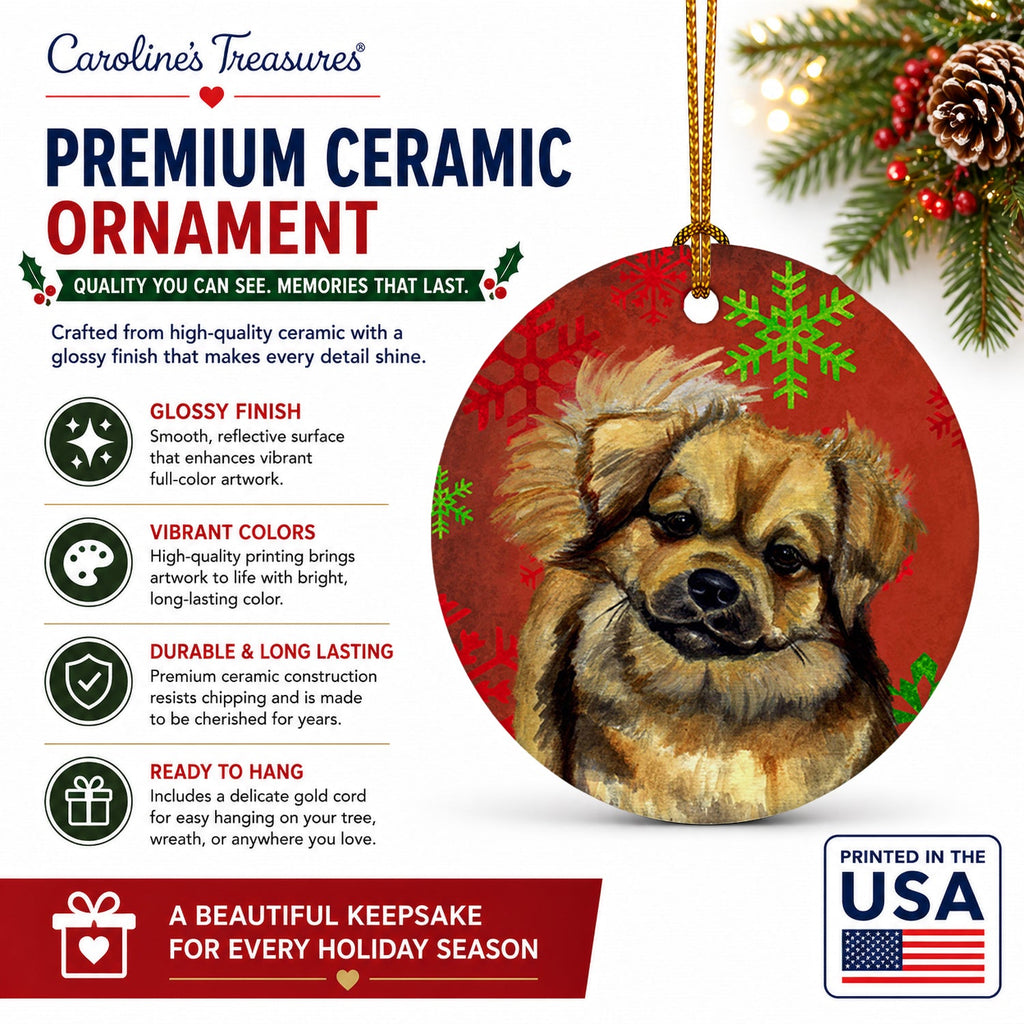 Tibetan Spaniel Red Green Snowflake Holiday Christmas Ceramic Ornament Christmas Tree Hanging Decorations for Home Christmas Holiday, Party, Gift, 3 in, Multicolor