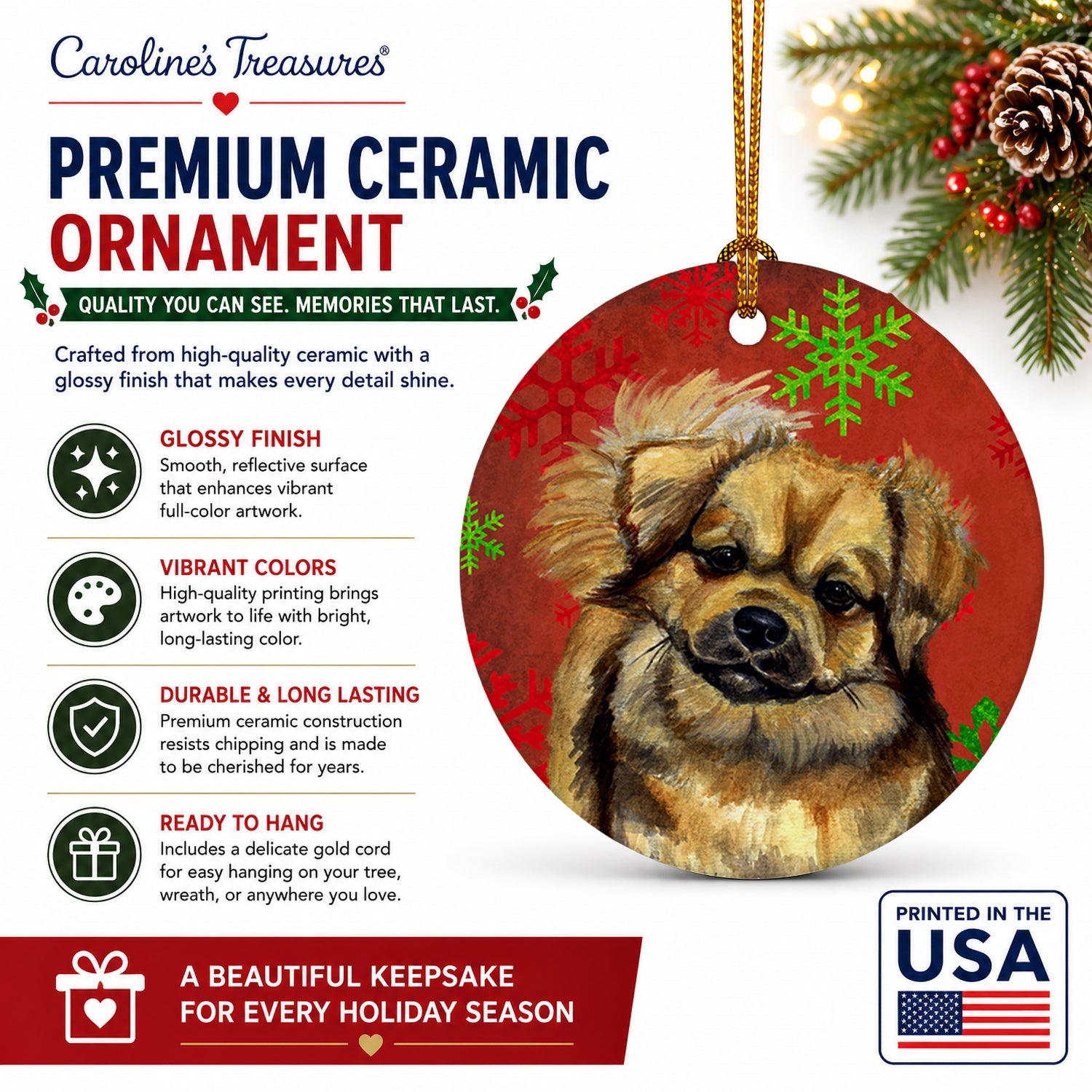Tibetan Spaniel Red Green Snowflake Holiday Christmas Ceramic Ornament Christmas Tree Hanging Decorations for Home Christmas Holiday, Party, Gift, 3 in, Multicolor