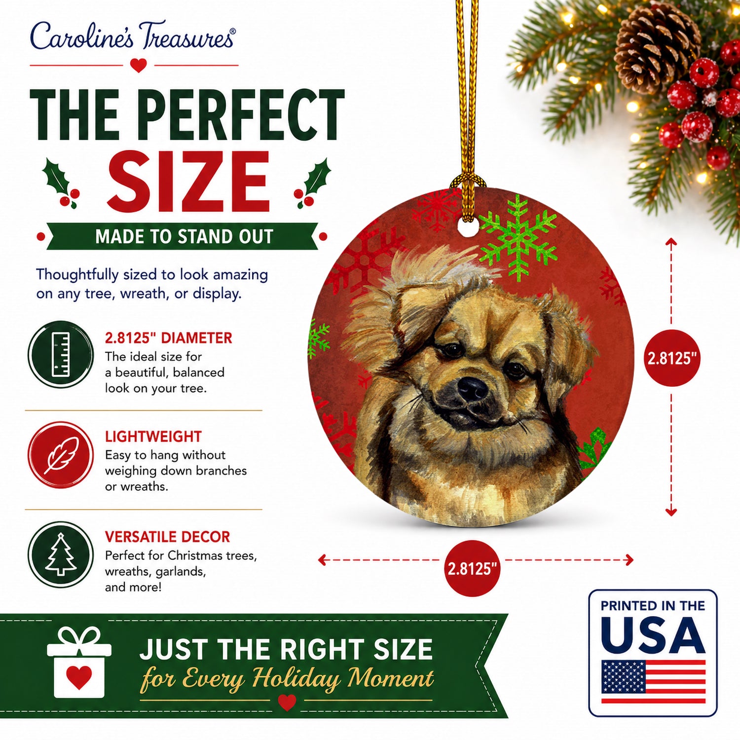 Tibetan Spaniel Red Green Snowflake Holiday Christmas Ceramic Ornament Christmas Tree Hanging Decorations for Home Christmas Holiday, Party, Gift, 3 in, Multicolor