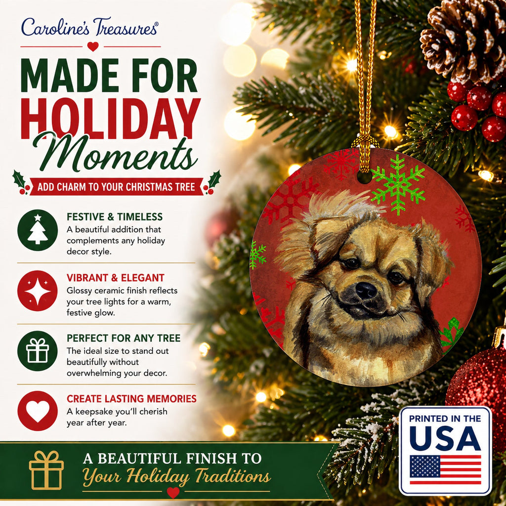 Tibetan Spaniel Red Green Snowflake Holiday Christmas Ceramic Ornament Christmas Tree Hanging Decorations for Home Christmas Holiday, Party, Gift, 3 in, Multicolor