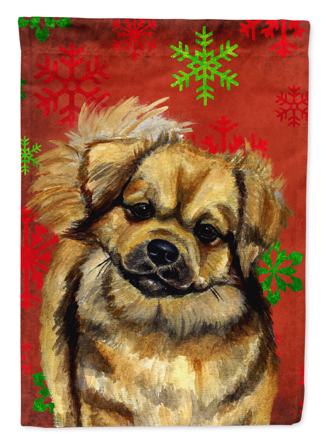 Tibetan Spaniel Red Green Snowflake Holiday Christmas Garden Flag Mailbox Decorative Yard Banner Outside Patio Artwork for Flower Beds, Garden Size, Multicolor