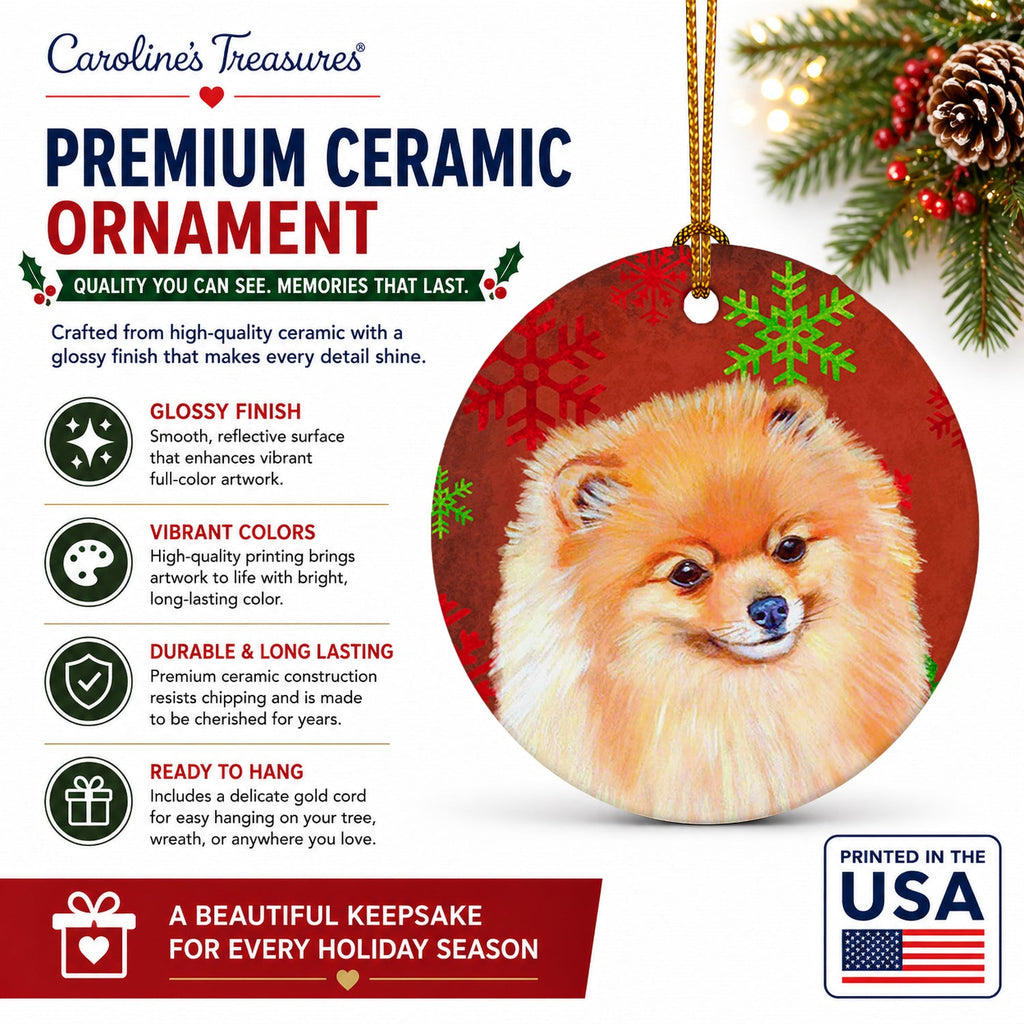 Pomeranian Red and Green Snowflakes Holiday Christmas Ceramic Ornament Christmas Tree Hanging Decorations for Home Christmas Holiday, Party, Gift, 3 in, Multicolor