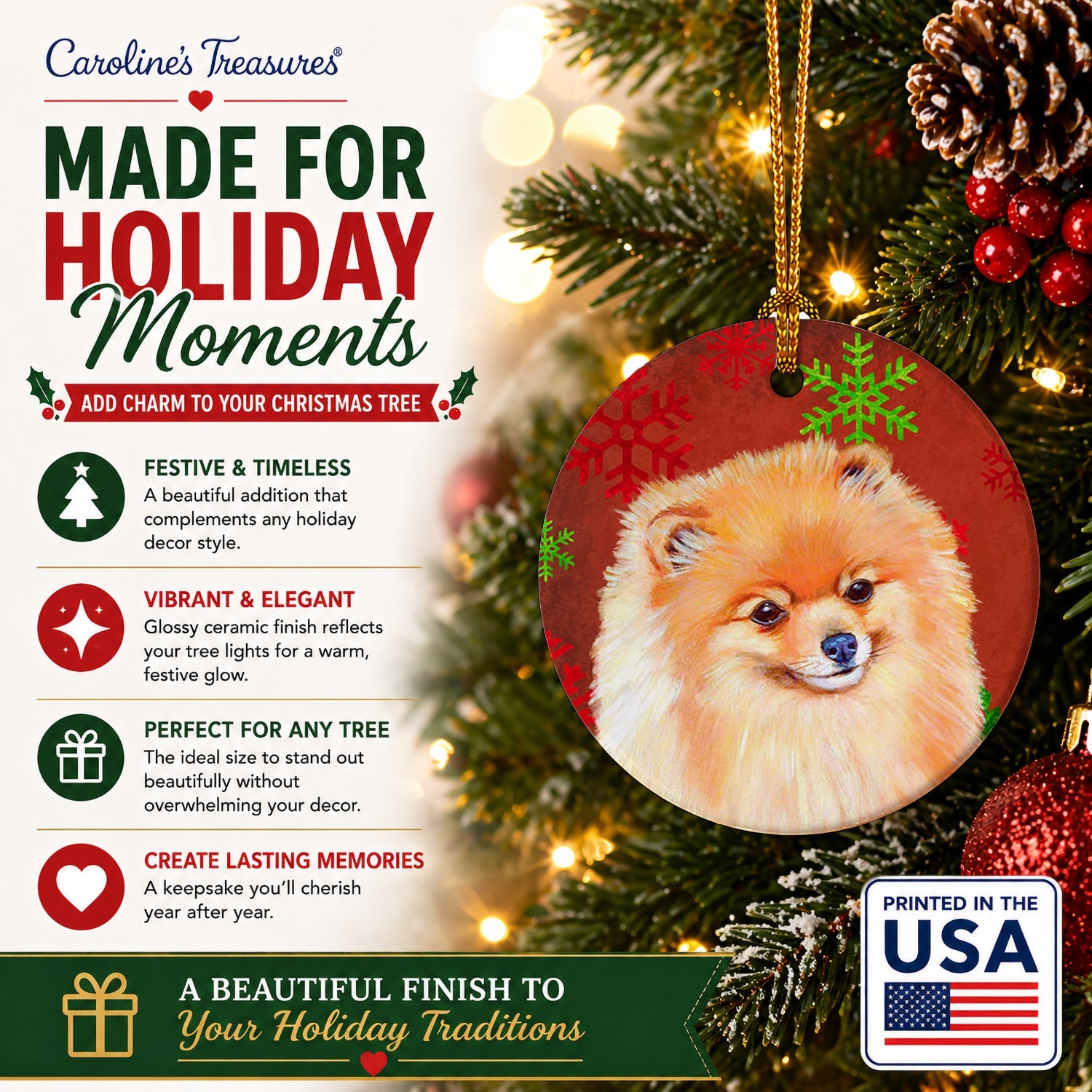 Pomeranian Red and Green Snowflakes Holiday Christmas Ceramic Ornament Christmas Tree Hanging Decorations for Home Christmas Holiday, Party, Gift, 3 in, Multicolor