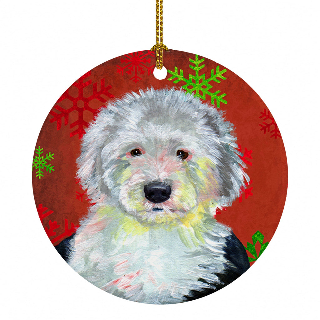 Old English Sheepdog Red  Green Snowflakes Holiday Christmas Ceramic Ornament Christmas Tree Hanging Decorations for Home Christmas Holiday, Party, Gift, 3 in, Multicolor