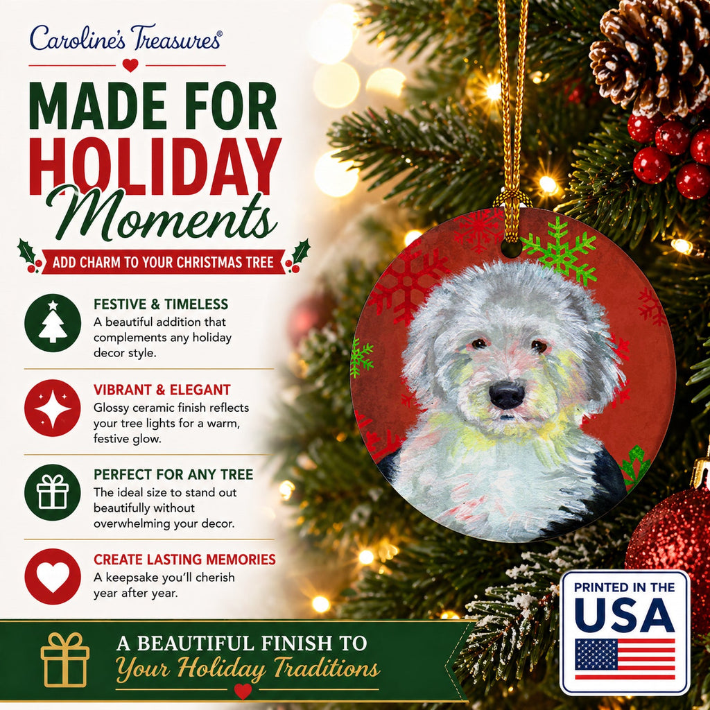 Old English Sheepdog Red  Green Snowflakes Holiday Christmas Ceramic Ornament Christmas Tree Hanging Decorations for Home Christmas Holiday, Party, Gift, 3 in, Multicolor