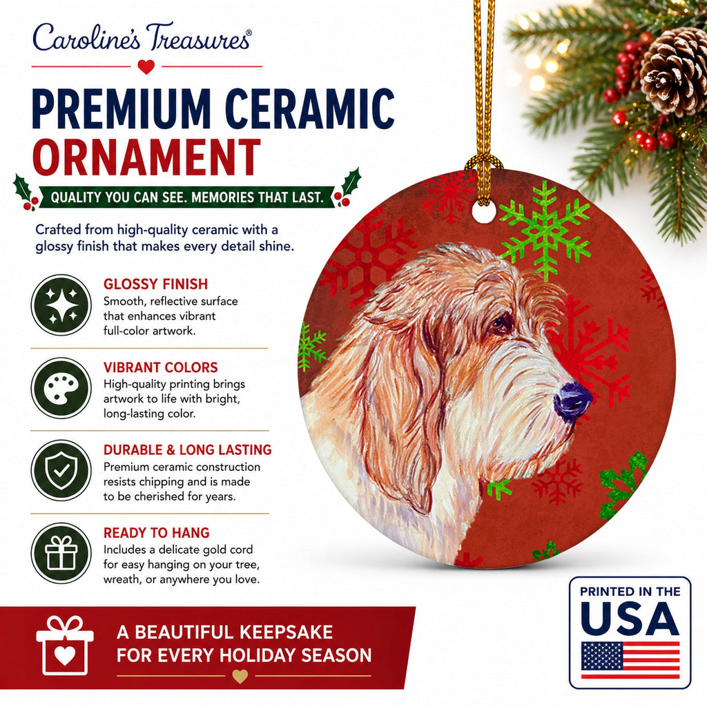 Petit Basset Griffon Vendeen Red Green Snowflake Christmas Ceramic Ornament Christmas Tree Hanging Decorations for Home Christmas Holiday, Party, Gift, 3 in, Multicolor