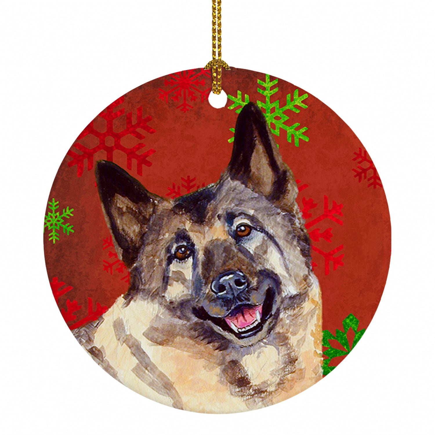 Norwegian Elkhound Red and Green Snowflakes Holiday Christmas Ceramic Ornament Christmas Tree Hanging Decorations for Home Christmas Holiday, Party, Gift, 3 in, Multicolor